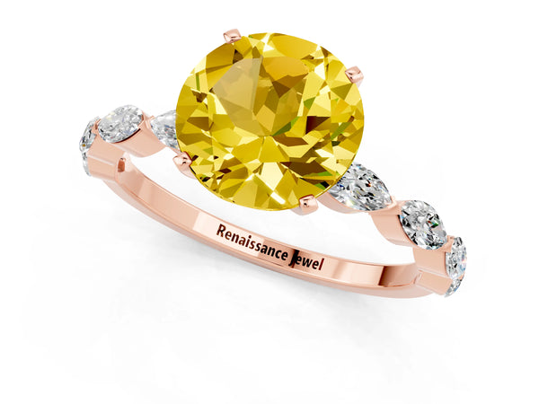 Rose gold Round Cut Yellow Sapphire Ring with Marquise Side Stones and Prong Setting