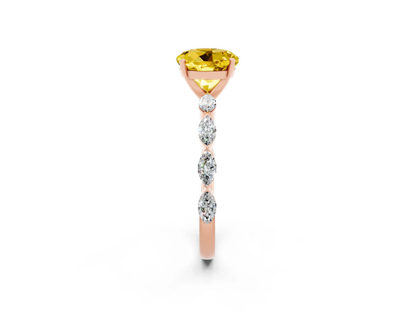 Rose gold Round Cut Yellow Sapphire Ring with Marquise Side Stones and Prong Setting