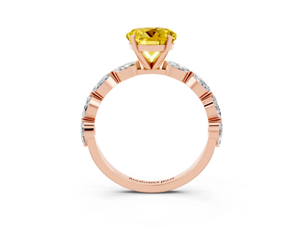 Rose gold Round Cut Yellow Sapphire Ring with Marquise Side Stones and Prong Setting