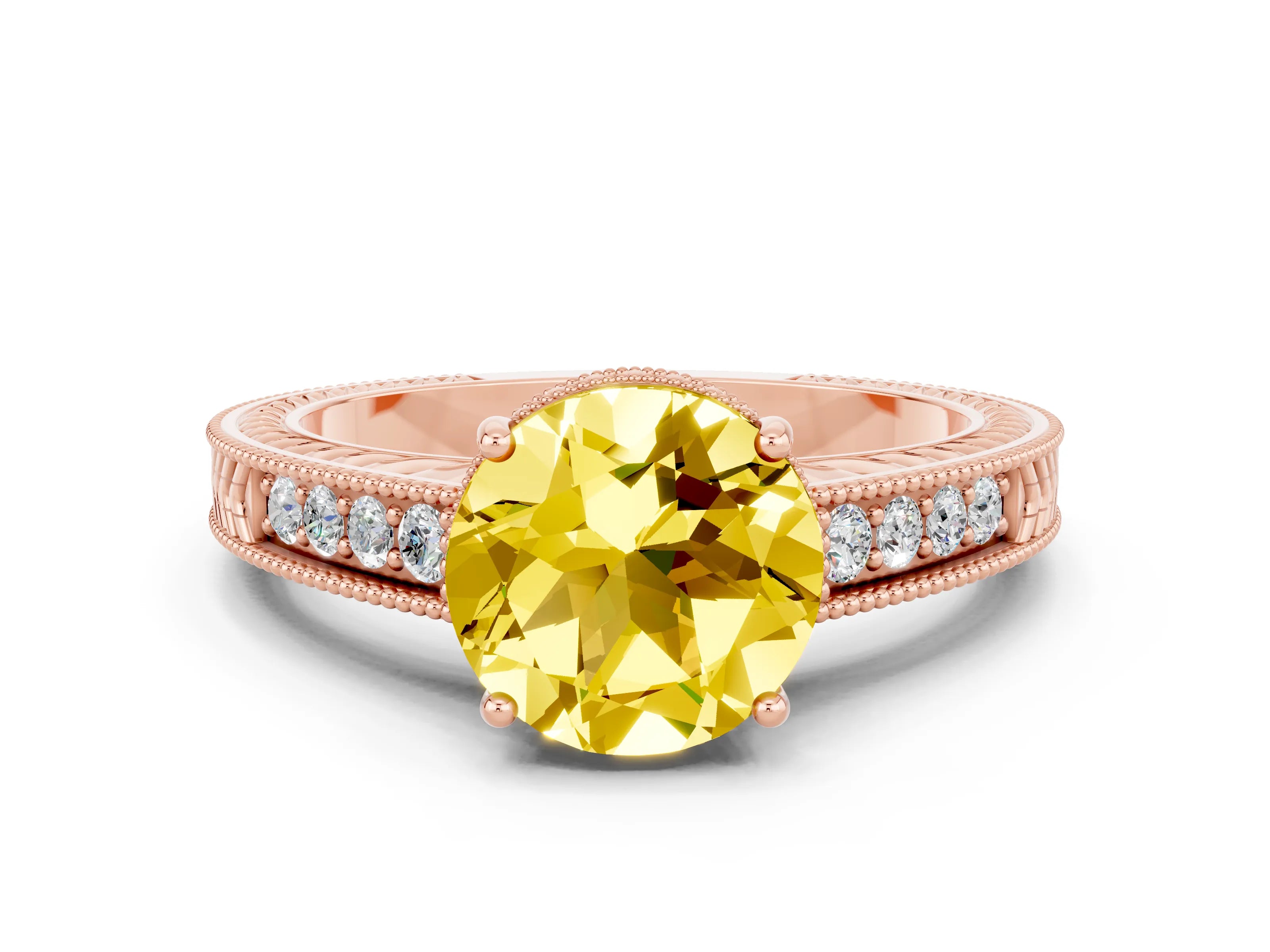 Rose gold Round Cut Yellow Sapphire Ring with Milgrain Pavé Band and Four-Prong Setting_36