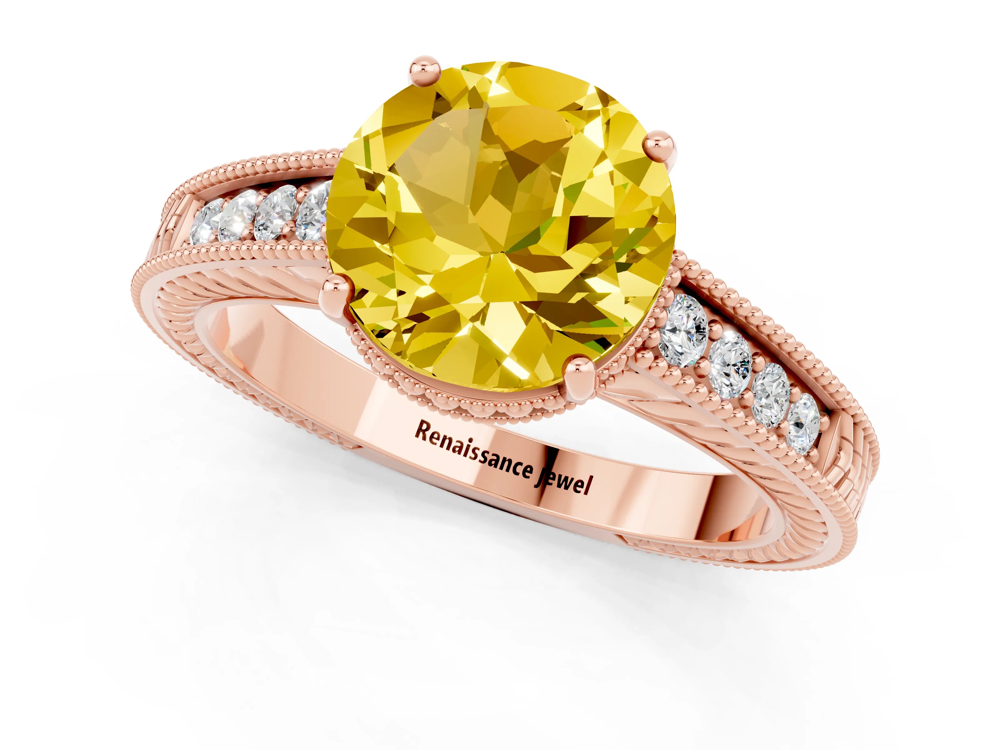 Rose gold Round Cut Yellow Sapphire Ring with Milgrain Pavé Band and Four-Prong Setting_37