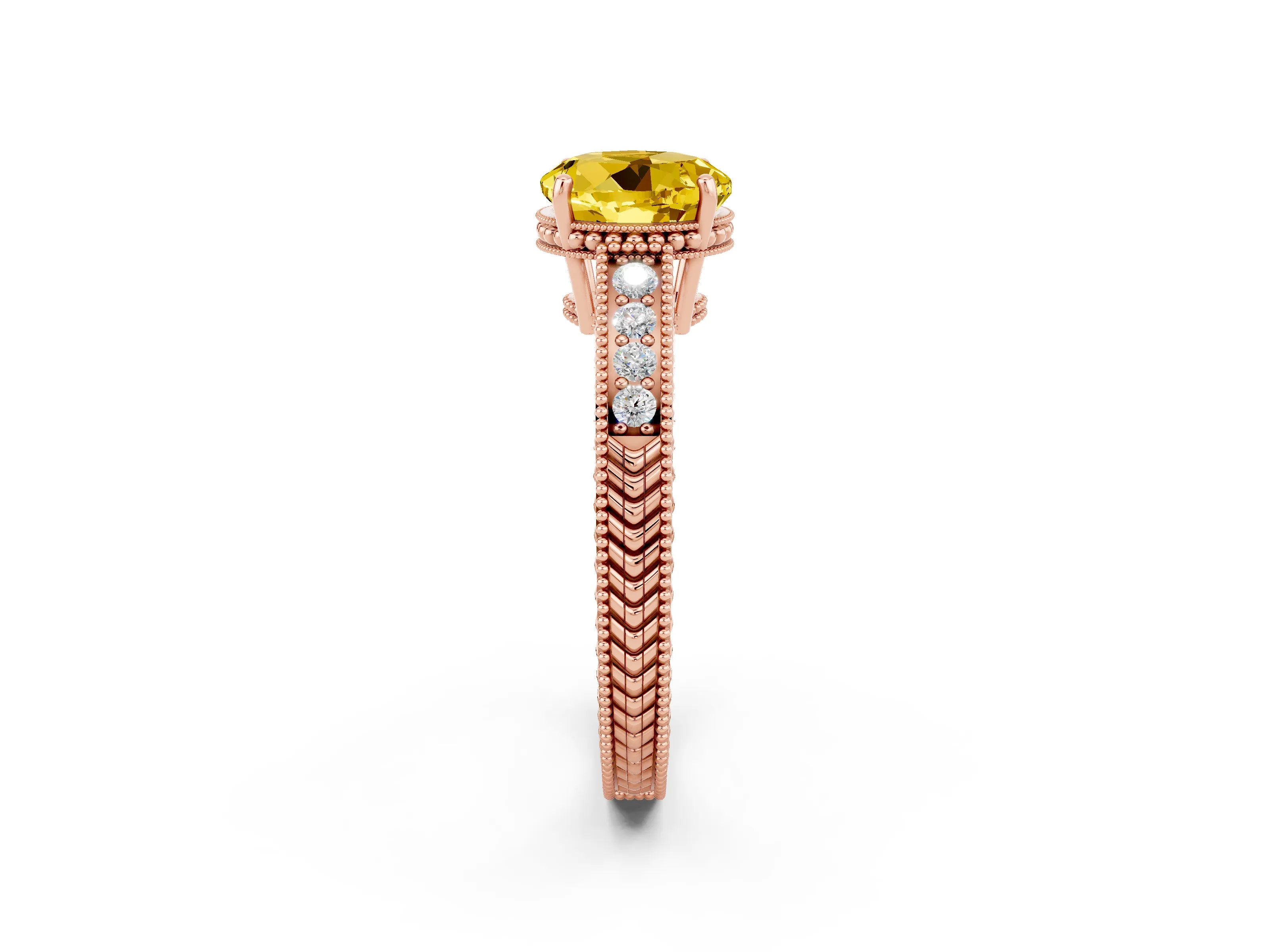 Rose gold Round Cut Yellow Sapphire Ring with Milgrain Pavé Band and Four-Prong Setting_38