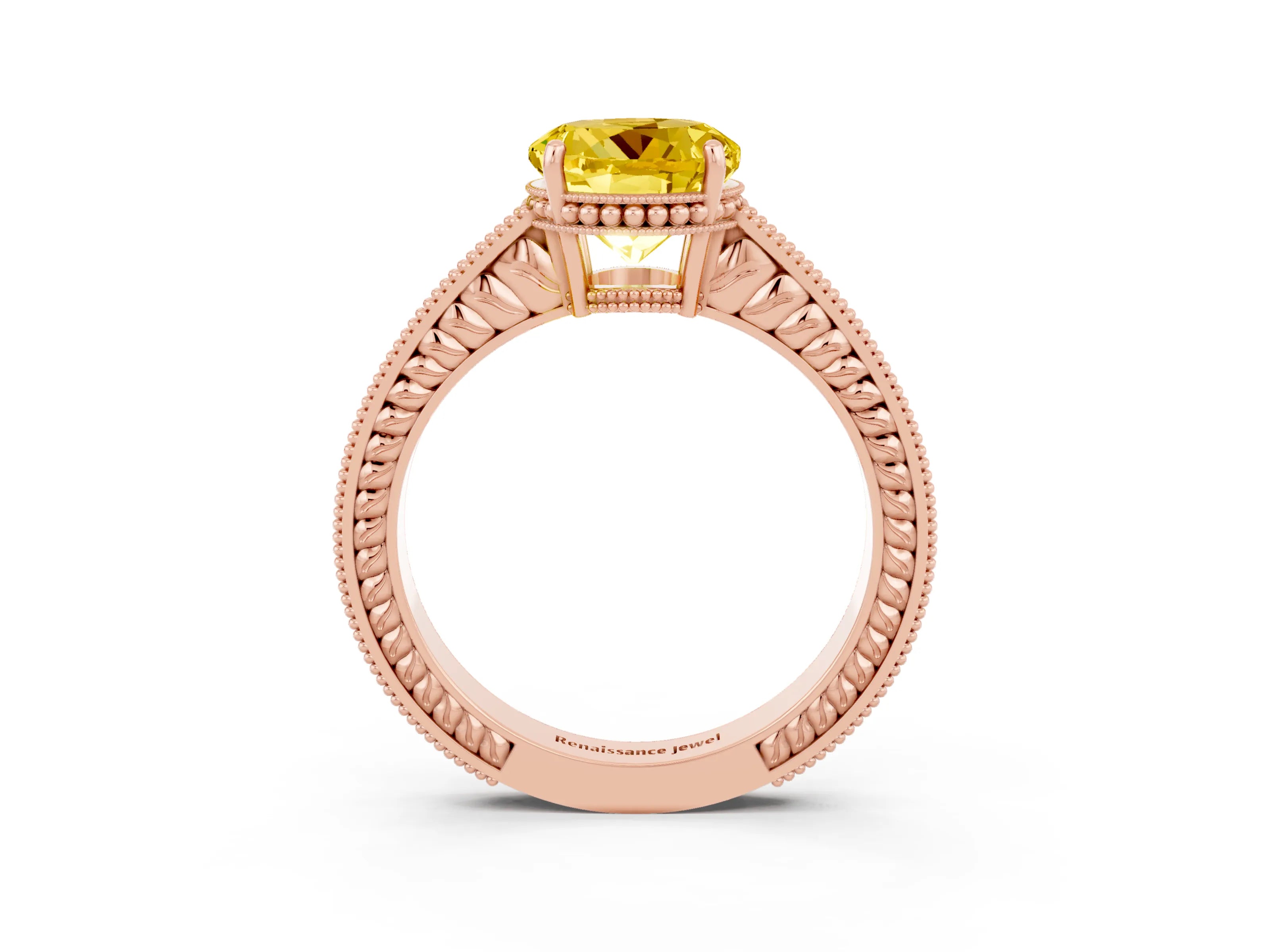 Rose gold Round Cut Yellow Sapphire Ring with Milgrain Pavé Band and Four-Prong Setting_39