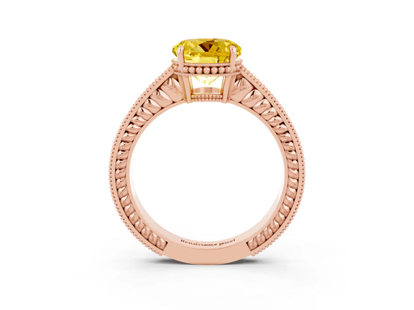 Rose gold Round Cut Yellow Sapphire Ring with Milgrain Pavé Band and Four-Prong Setting