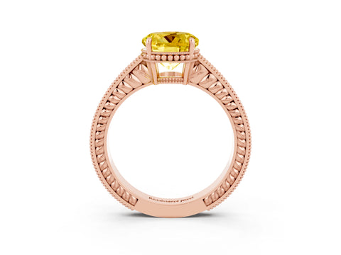 Rose gold Round Cut Yellow Sapphire Ring with Milgrain Pavé Band and Four-Prong Setting_39