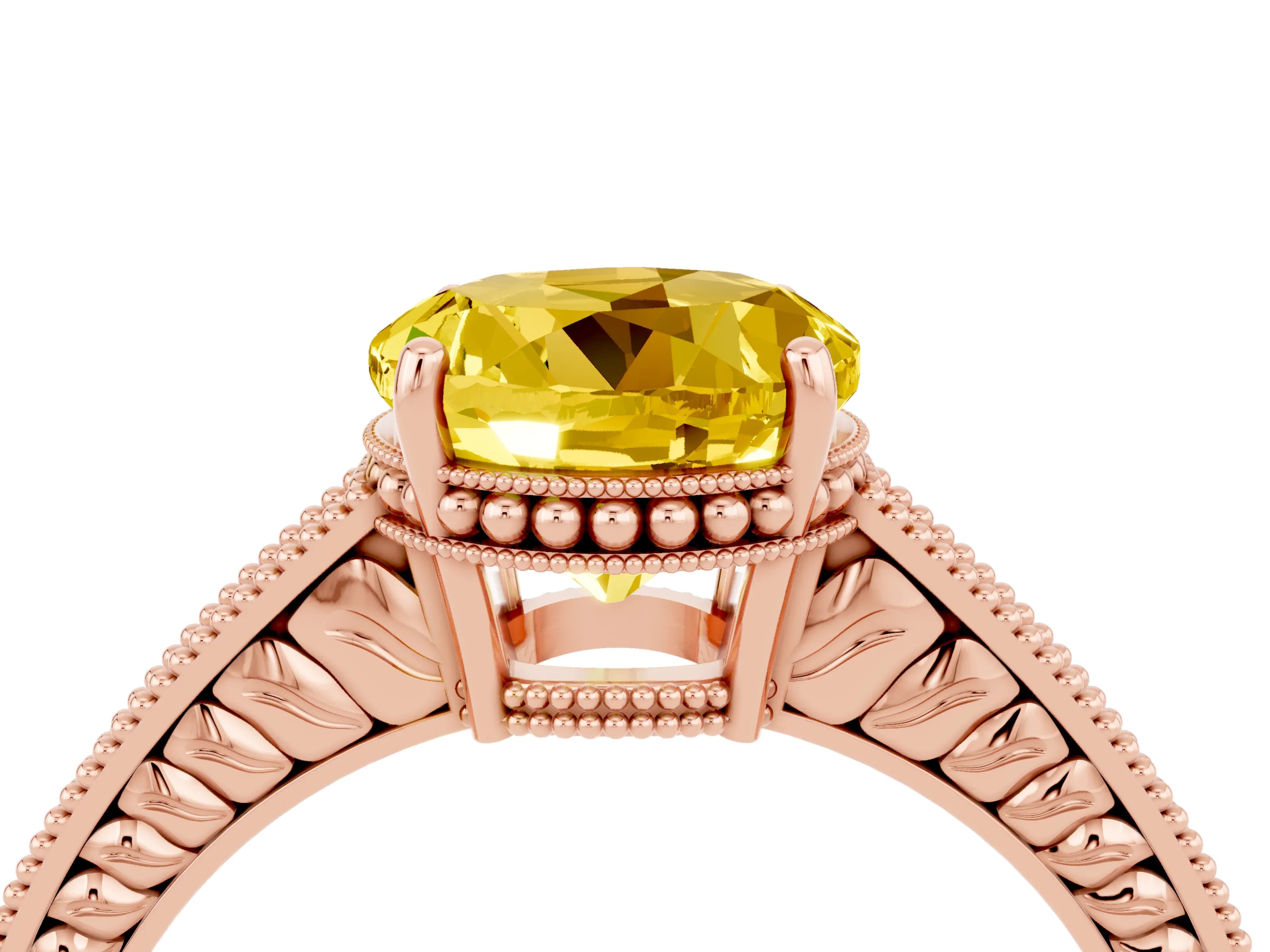 Rose gold Round Cut Yellow Sapphire Ring with Milgrain Pavé Band and Four-Prong Setting_40