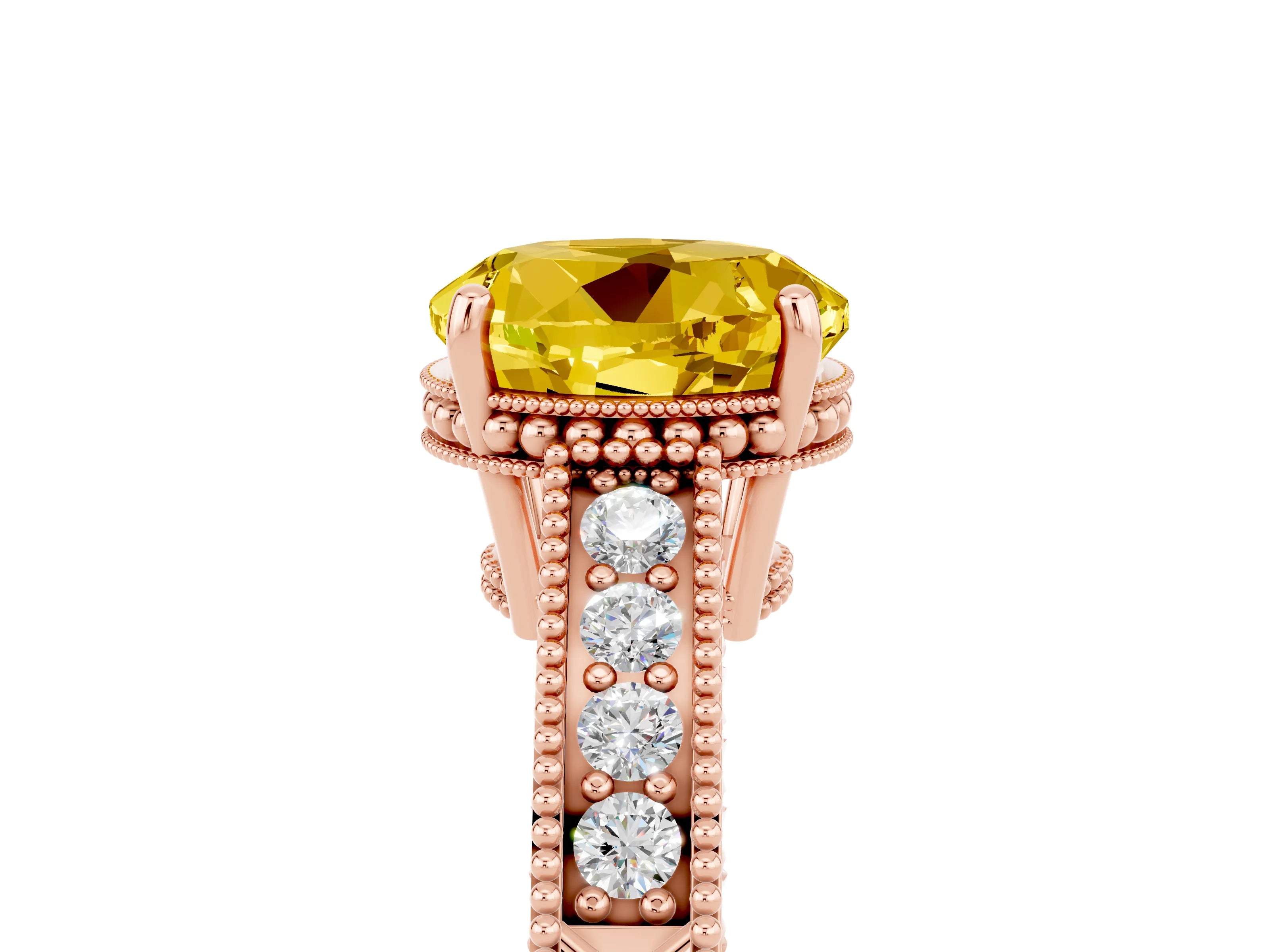 Rose gold Round Cut Yellow Sapphire Ring with Milgrain Pavé Band and Four-Prong Setting_41