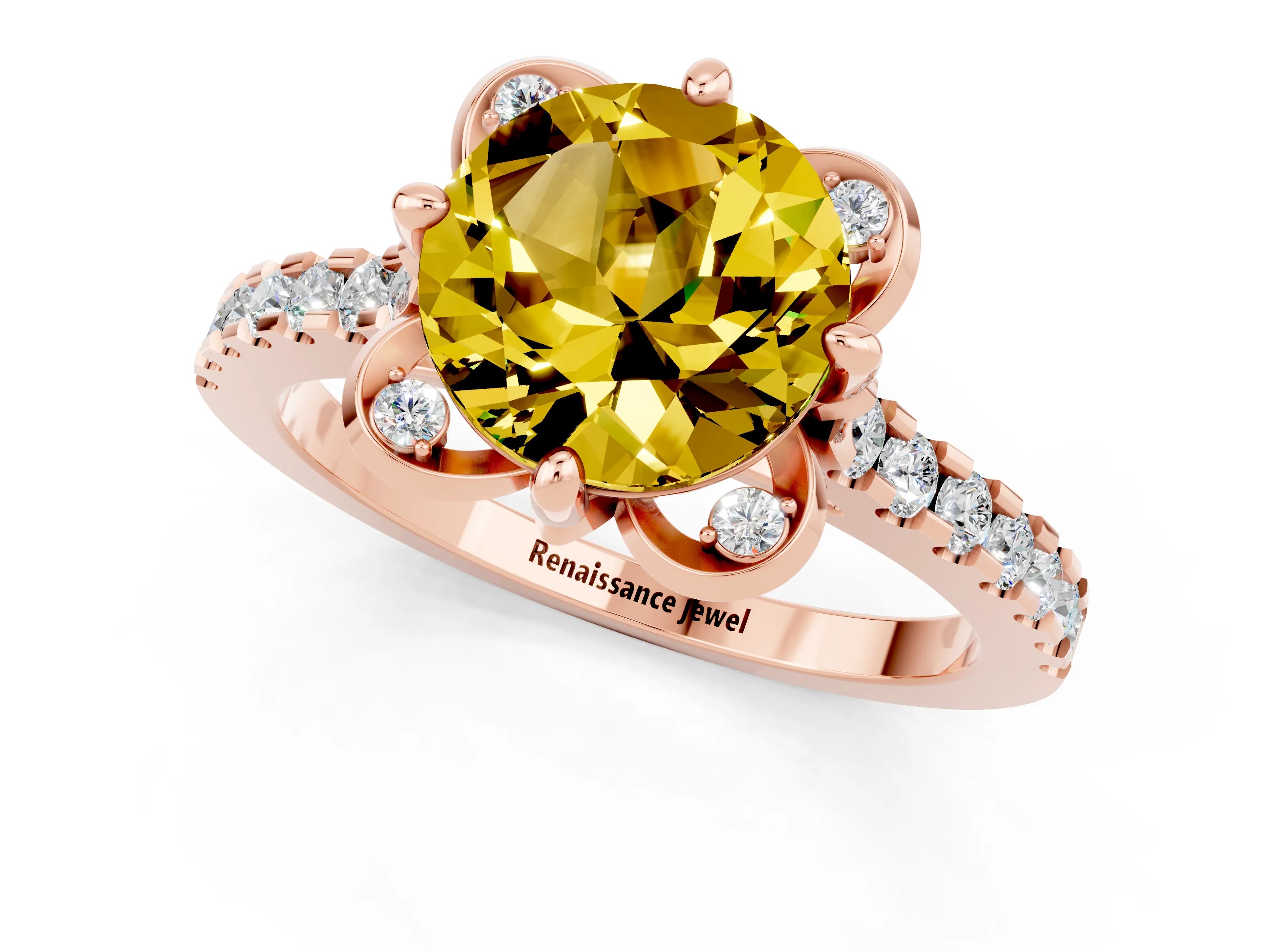 Rose gold Round Cut Yellow Sapphire Ring with Pavé Band and Floral Prong Setting_1