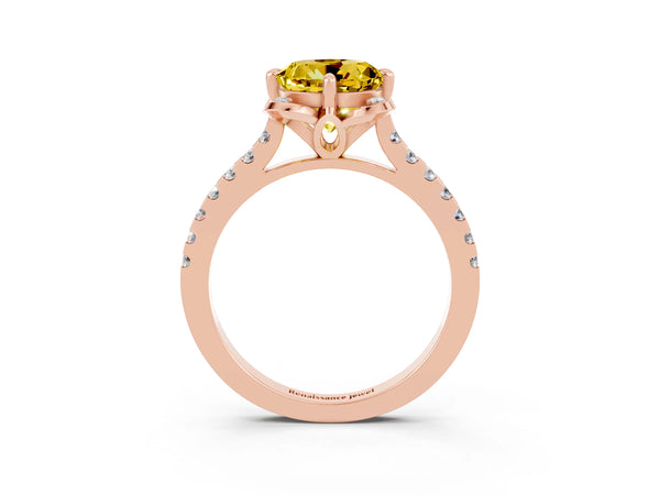 Rose gold Round Cut Yellow Sapphire Ring with Pavé Band and Floral Prong Setting