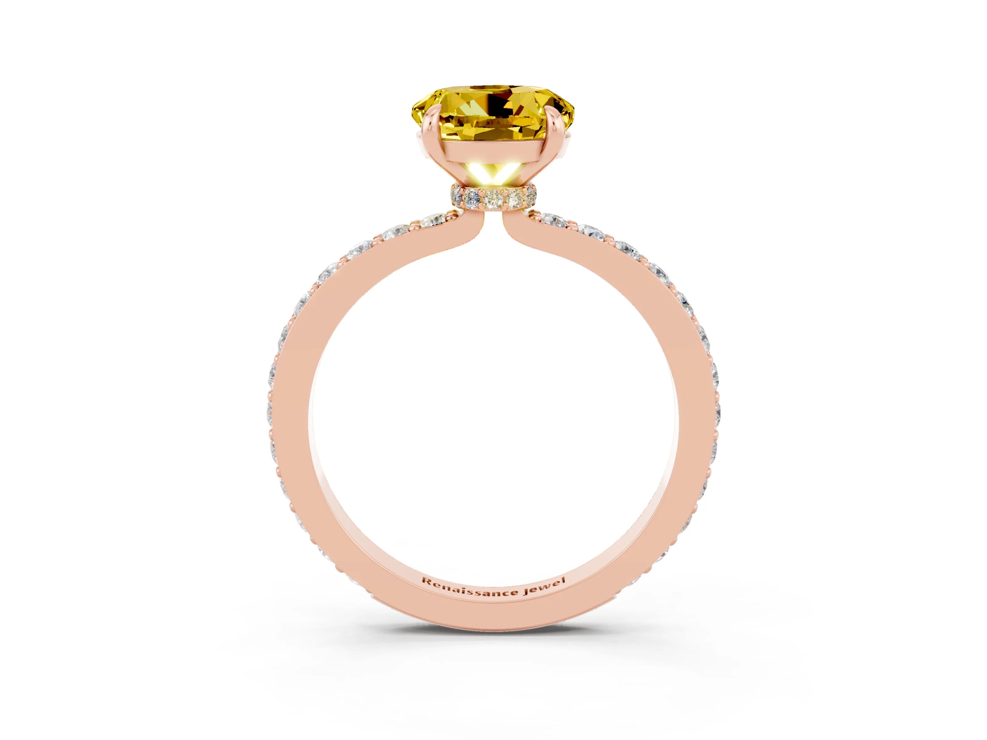 Rose gold Round Cut Yellow Sapphire Ring with Pavé Band and Four-Prong Setting_27