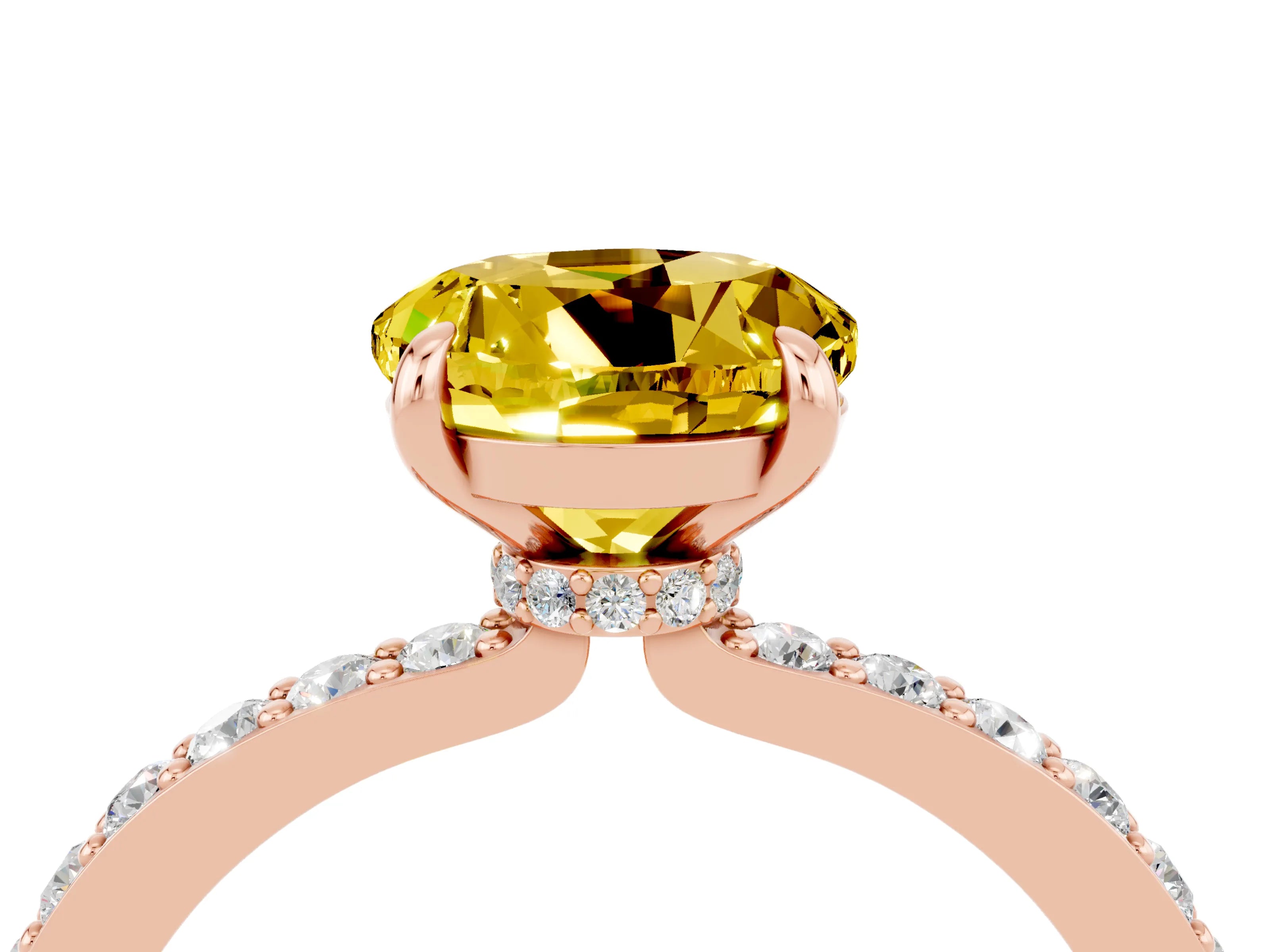 Rose gold Round Cut Yellow Sapphire Ring with Pavé Band and Four-Prong Setting_28
