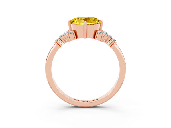 Rose gold Round Cut Yellow Sapphire Ring with Side Stones and Four-Prong Setting
