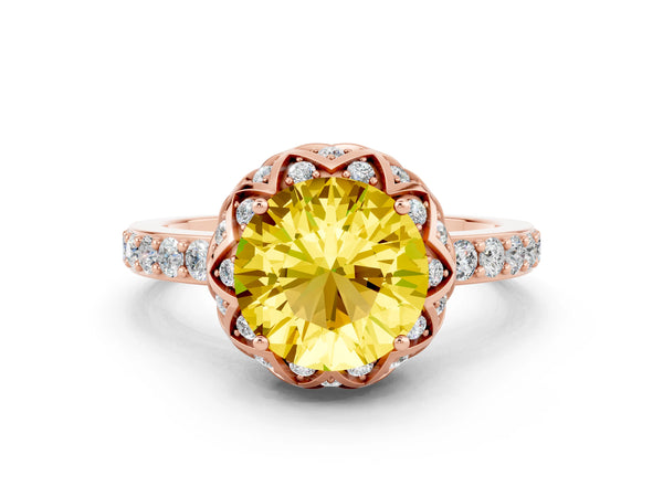 Rose gold Round Cut Yellow Sapphire Scalloped Halo Engagement Ring with Round Shared Prong Band