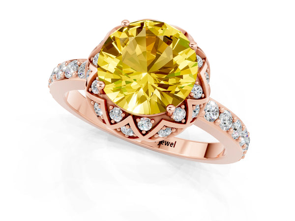 Rose gold Round Cut Yellow Sapphire Scalloped Halo Engagement Ring with Round Shared Prong Band