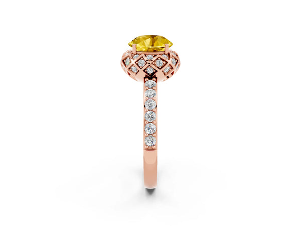Rose gold Round Cut Yellow Sapphire Scalloped Halo Engagement Ring with Round Shared Prong Band