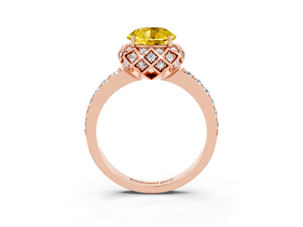 Rose gold Round Cut Yellow Sapphire Scalloped Halo Engagement Ring with Round Shared Prong Band