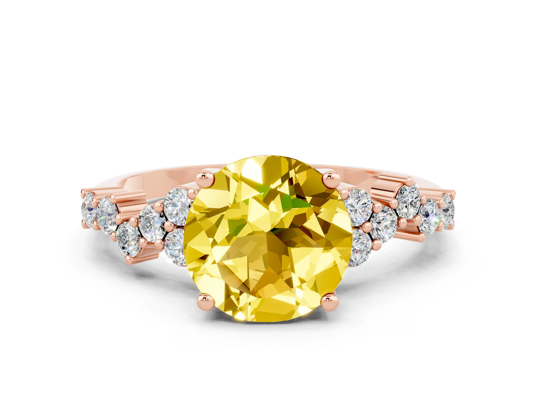 Rose gold Round Cut Yellow Sapphire Scattered Round Accent Ring with Prong Setting_12