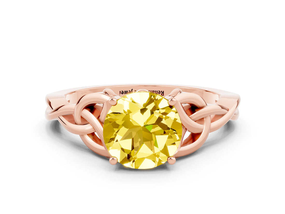 Rose gold Round Cut Yellow Sapphire Solitaire Celtic Knot Ring with Four-Prong Setting_36