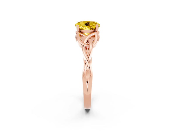 Rose gold Round Cut Yellow Sapphire Solitaire Celtic Knot Ring with Four-Prong Setting