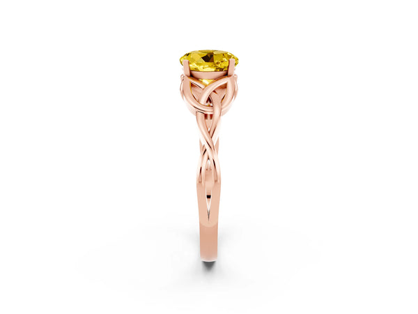 Rose gold Round Cut Yellow Sapphire Solitaire Engagement Ring with Celtic Knot Band and Four-Prong Setting