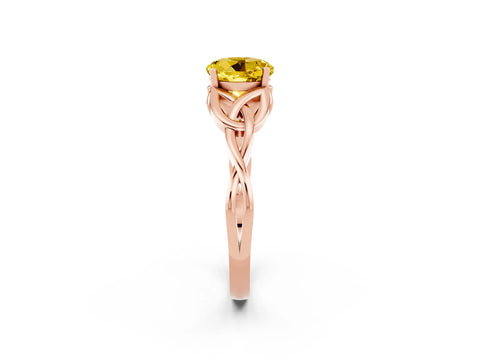 Rose gold Round Cut Yellow Sapphire Solitaire Engagement Ring with Celtic Knot Band and Four-Prong Setting_26