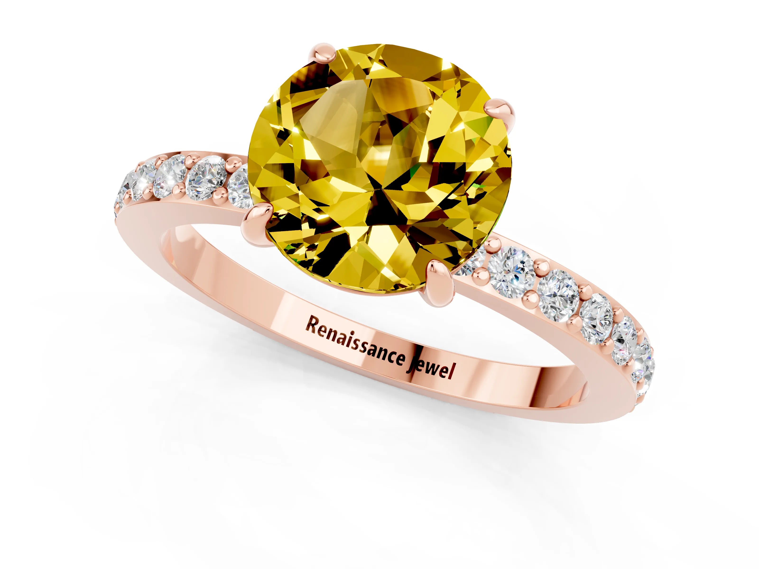 Rose gold Round Cut Yellow Sapphire Solitaire Engagement Ring with Pavé Band and Four-Prong Setting_25