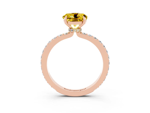 Rose gold Round Cut Yellow Sapphire Solitaire Engagement Ring with Pavé Band and Four-Prong Setting