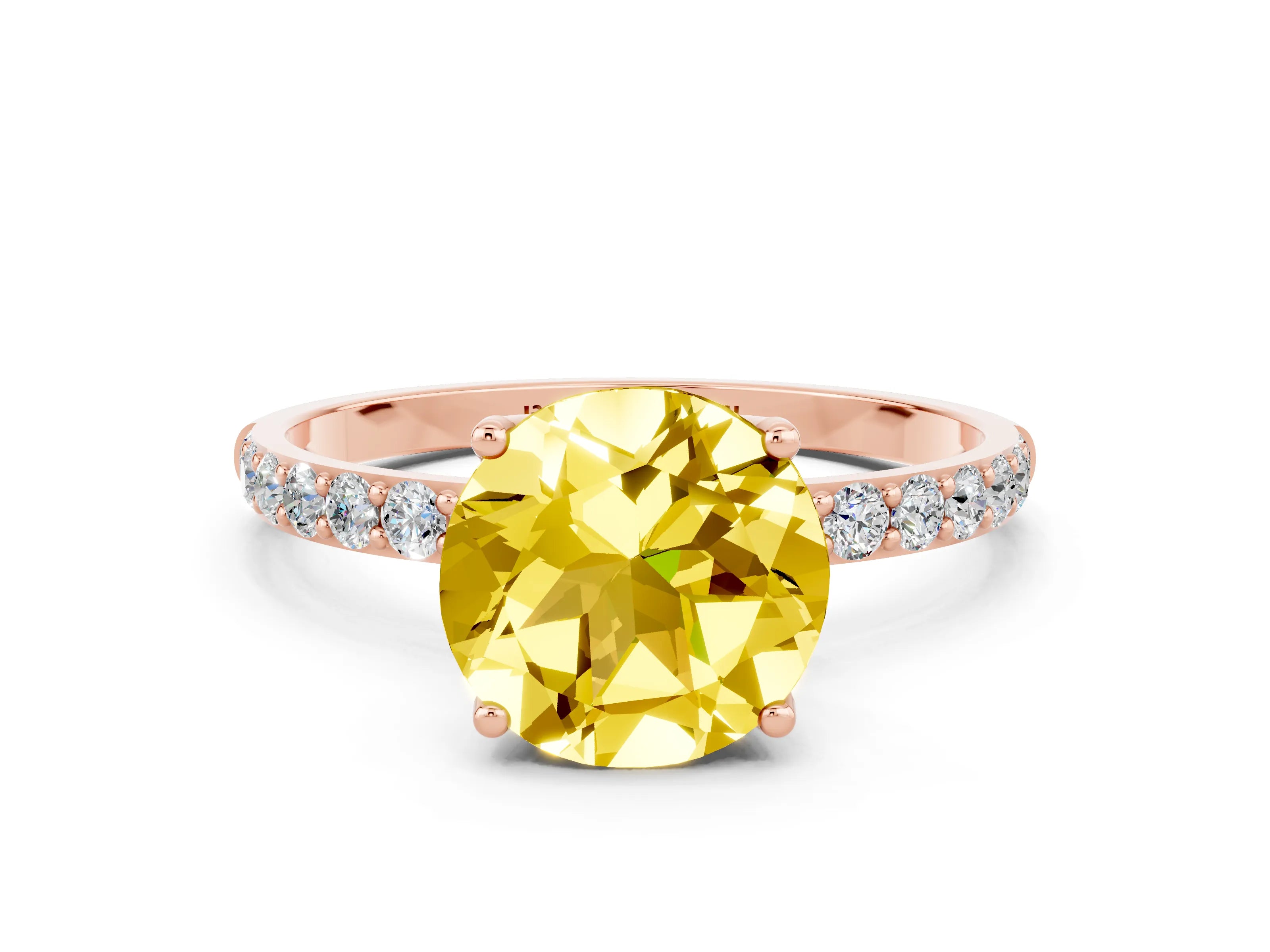 Rose gold Round Cut Yellow Sapphire Solitaire Engagement Ring with Pavé Band and Prong Setting