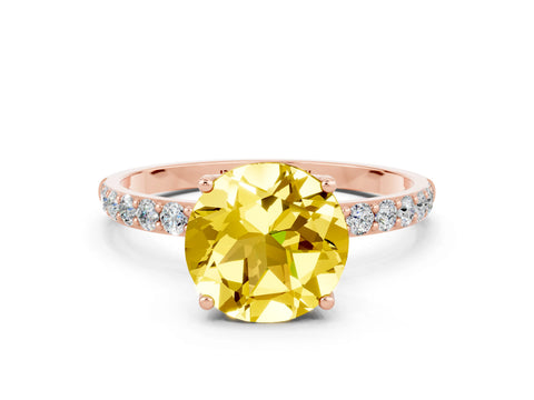 Rose gold Round Cut Yellow Sapphire Solitaire Engagement Ring with Pavé Band and Prong Setting