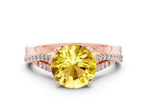 Rose gold Round Cut Yellow Sapphire Solitaire Engagement Ring with Twisted Pavé Band and Four-Prong Setting