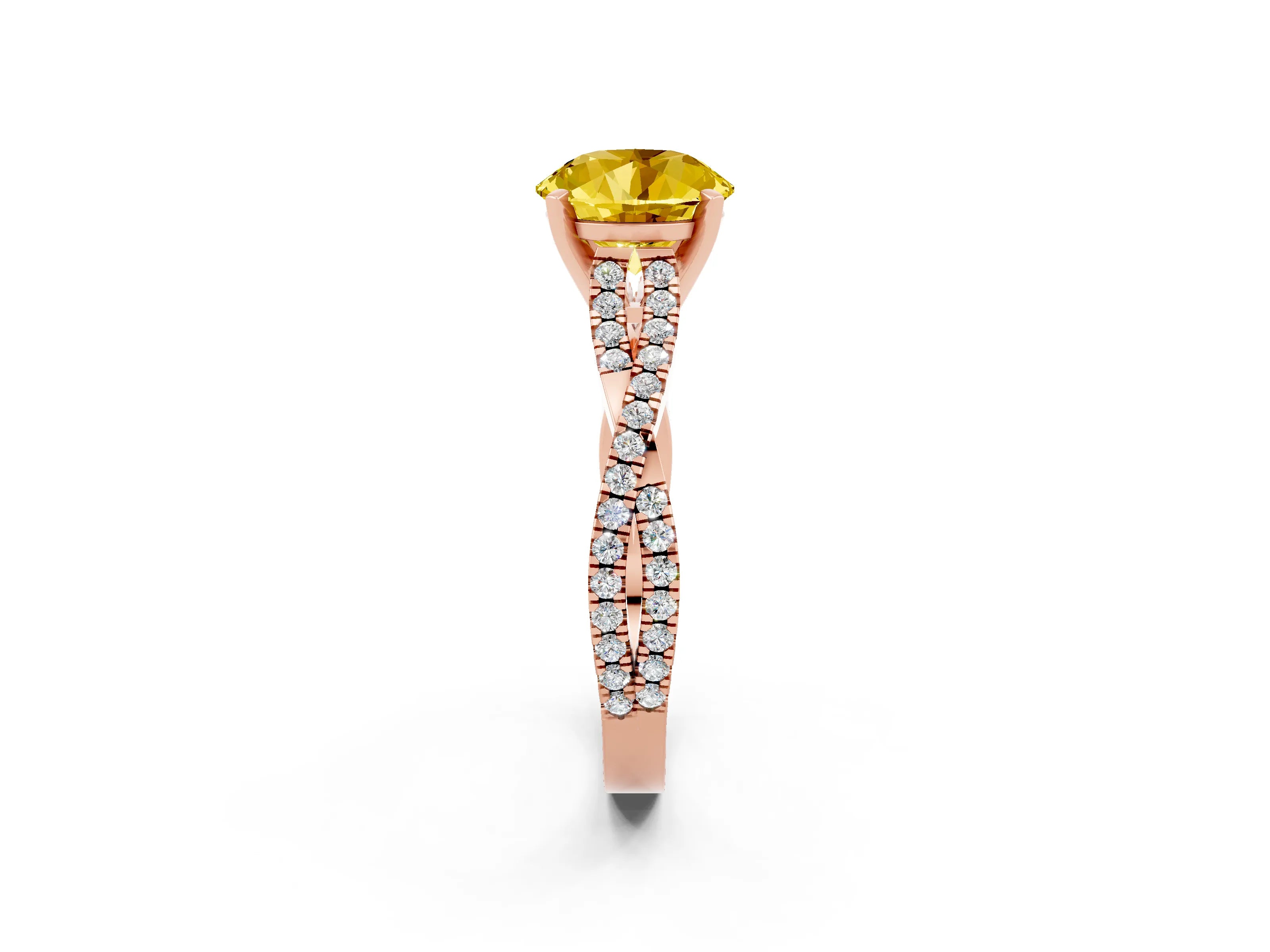 Rose gold Round Cut Yellow Sapphire Solitaire Engagement Ring with Twisted Pavé Band and Four-Prong Setting_14
