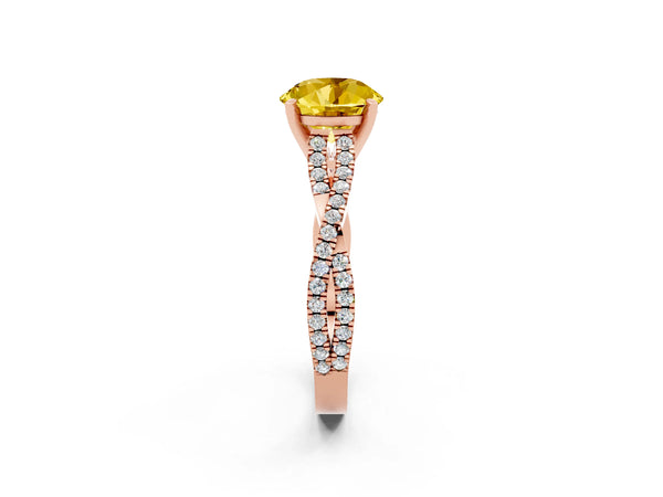 Rose gold Round Cut Yellow Sapphire Solitaire Engagement Ring with Twisted Pavé Band and Four-Prong Setting