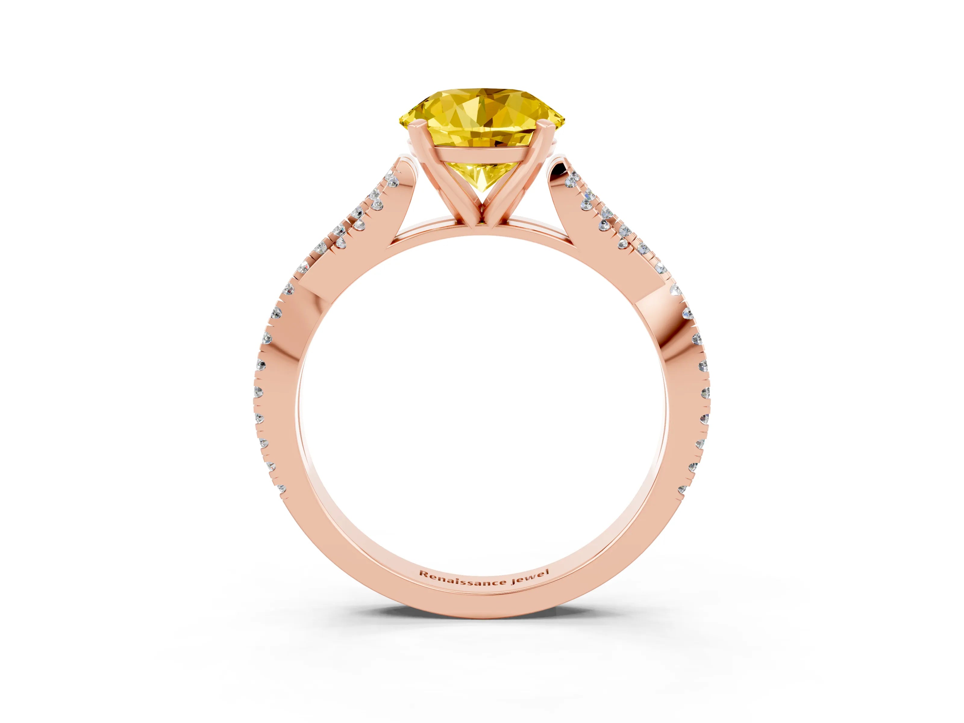 Rose gold Round Cut Yellow Sapphire Solitaire Engagement Ring with Twisted Pavé Band and Four-Prong Setting_15