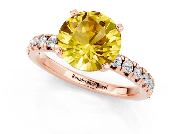 Rose gold Round Cut Yellow Sapphire Solitaire Pavé Engagement Ring with Round Band and Prong Setting