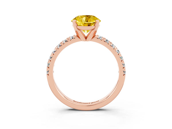 Rose gold Round Cut Yellow Sapphire Solitaire Pavé Engagement Ring with Round Band and Prong Setting