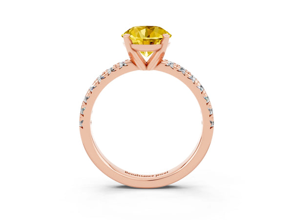 Rose gold Round Cut Yellow Sapphire Solitaire Pavé Engagement Ring with Round Band and Prong Setting