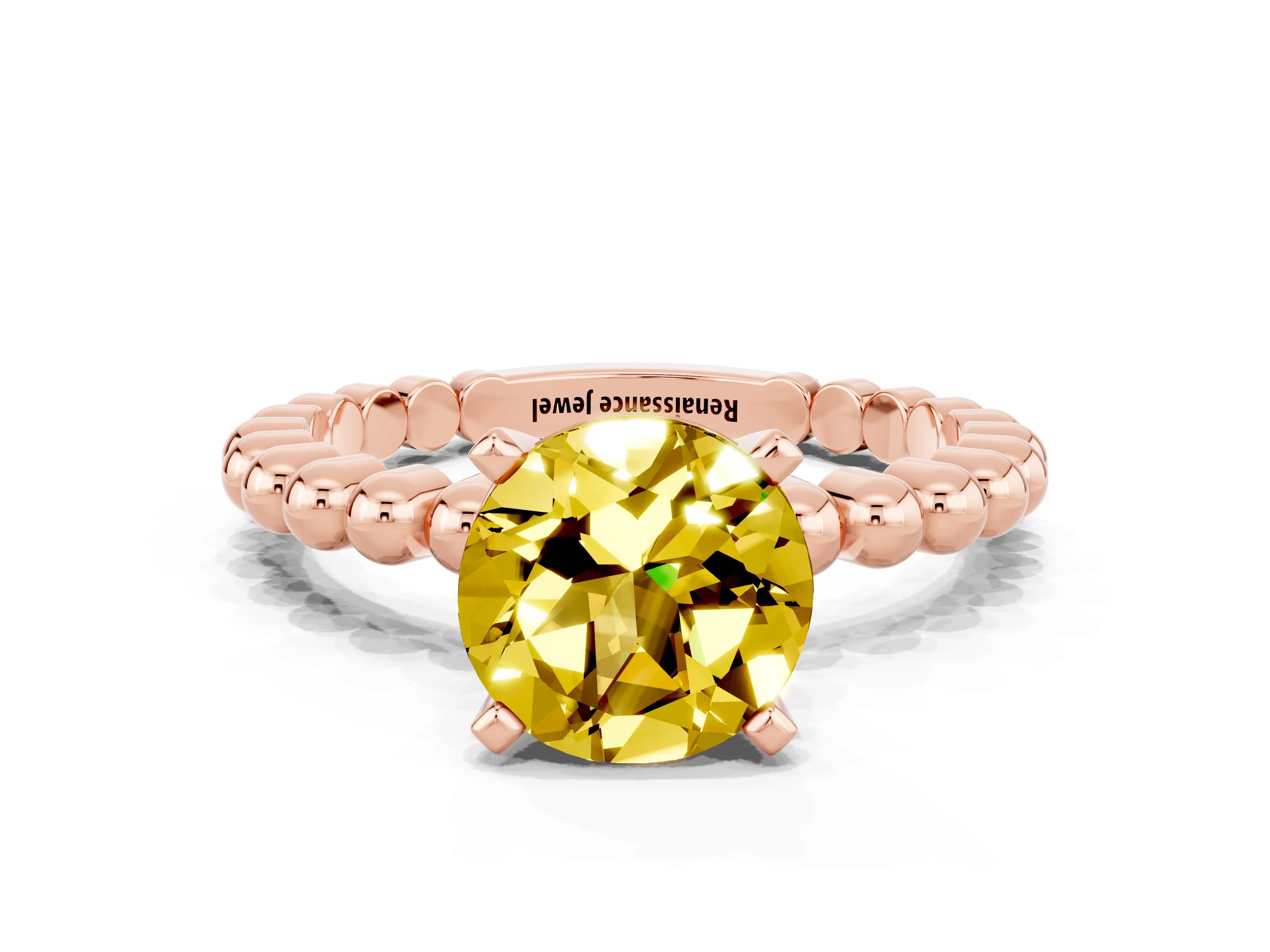 Rose gold Round Cut Yellow Sapphire Solitaire Ring with Beaded Band and Prong Setting