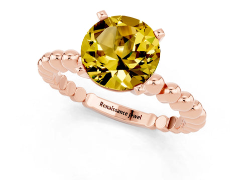 Rose gold Round Cut Yellow Sapphire Solitaire Ring with Beaded Band and Prong Setting_1