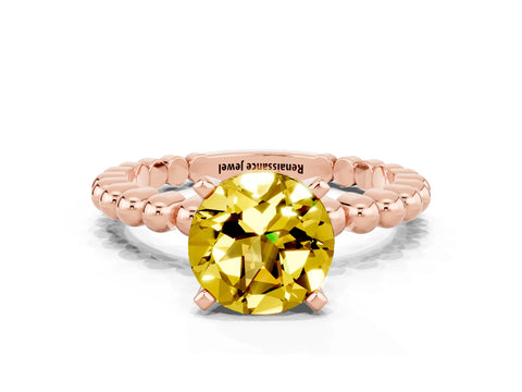 Rose gold Round Cut Yellow Sapphire Solitaire Ring with Beaded Band and Prong Setting