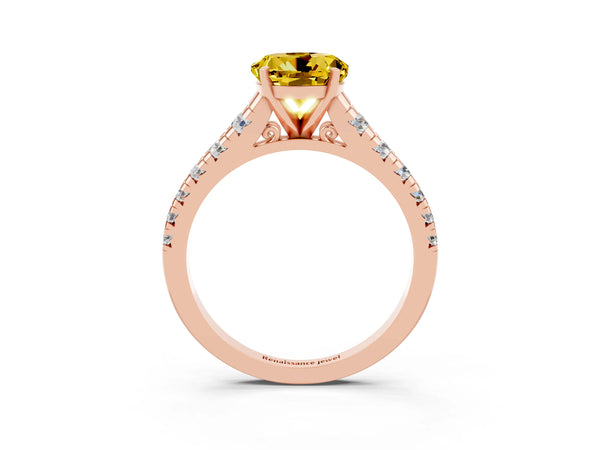 Rose gold Round Cut Yellow Sapphire Cathedral Solitaire Ring with Round  Pavé Band