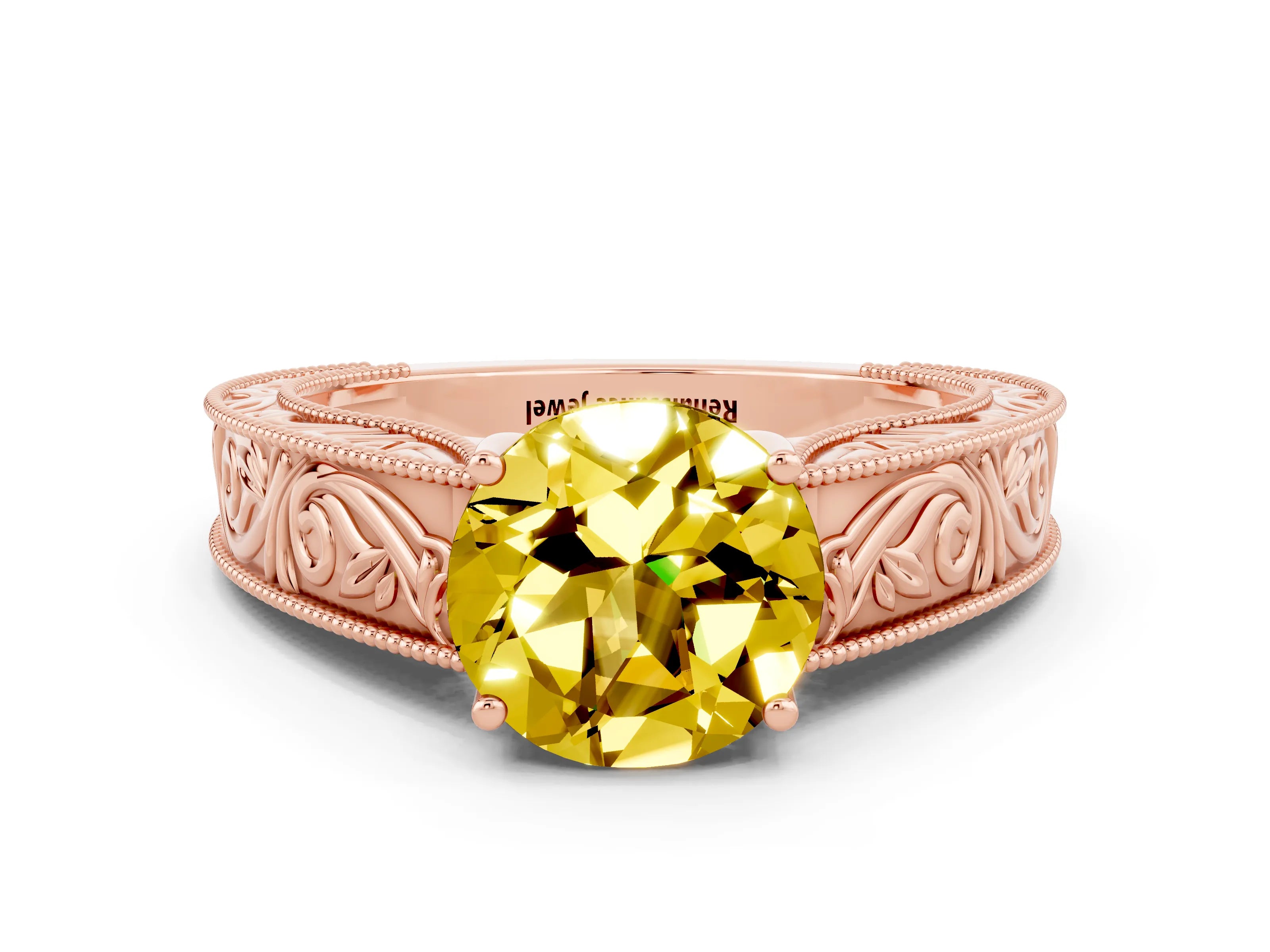 Rose gold Round Cut Yellow Sapphire Solitaire Ring with Engraved Band and Four-Prong Setting