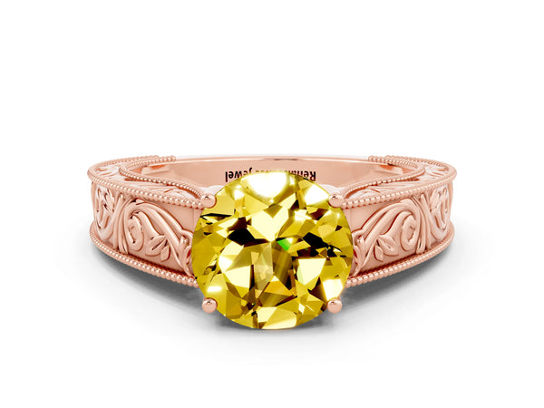Rose gold Round Cut Yellow Sapphire Solitaire Ring with Engraved Band and Four-Prong Setting