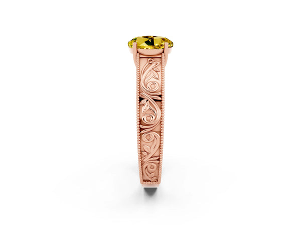 Rose gold Round Cut Yellow Sapphire Solitaire Ring with Engraved Band and Four-Prong Setting