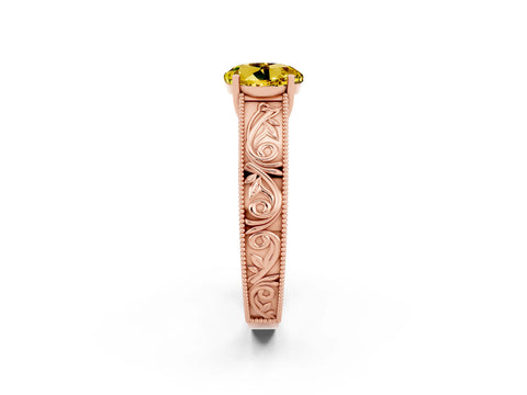 Rose gold Round Cut Yellow Sapphire Solitaire Ring with Engraved Band and Four-Prong Setting_2