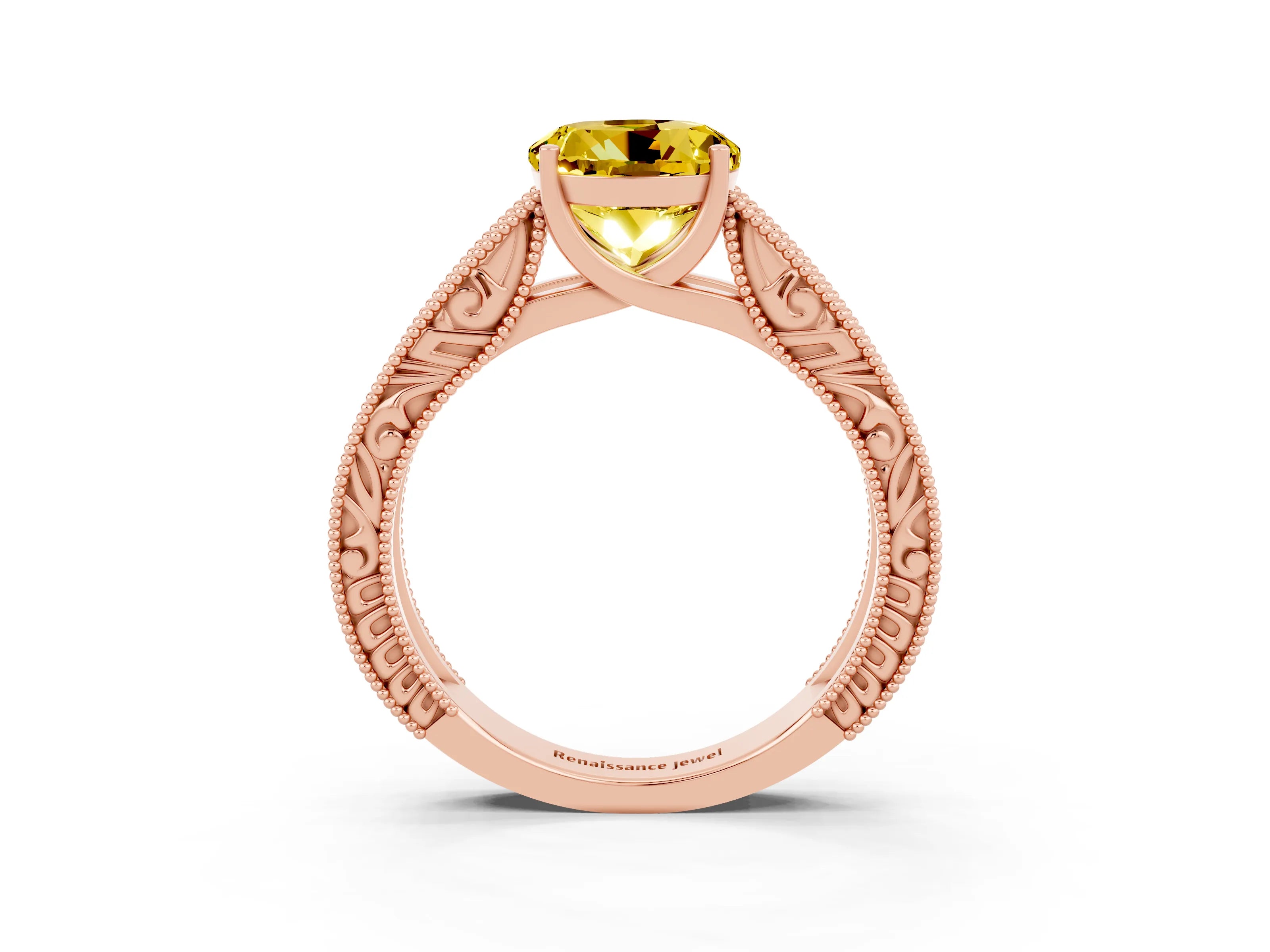 Rose gold Round Cut Yellow Sapphire Solitaire Ring with Engraved Band and Four-Prong Setting_3