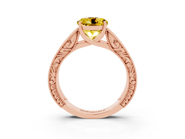 Rose gold Round Cut Yellow Sapphire Solitaire Ring with Engraved Band and Four-Prong Setting