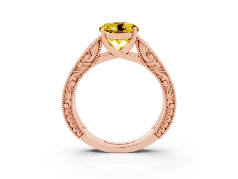 Rose gold Round Cut Yellow Sapphire Solitaire Ring with Engraved Band and Four-Prong Setting_3