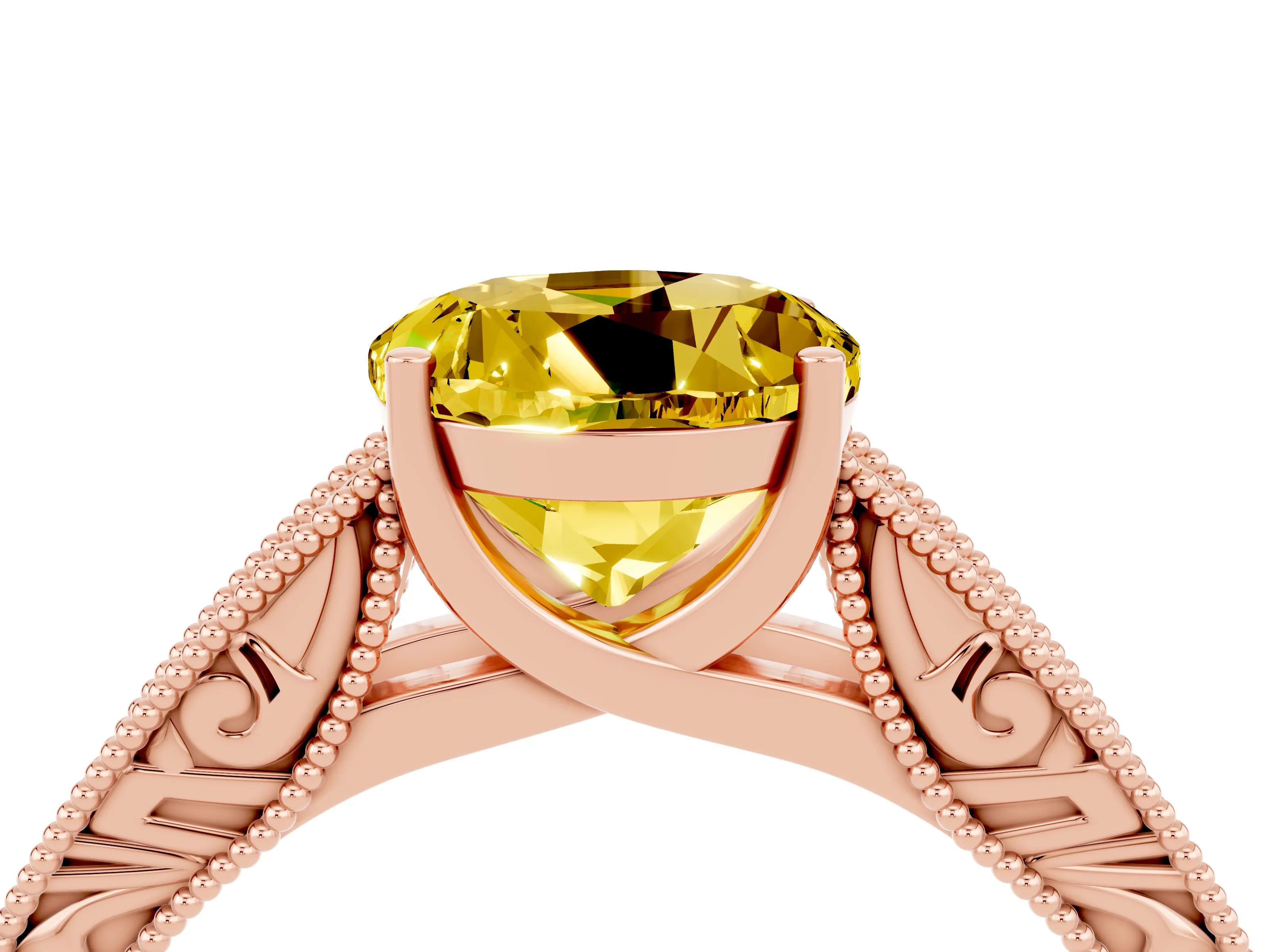 Rose gold Round Cut Yellow Sapphire Solitaire Ring with Engraved Band and Four-Prong Setting_4