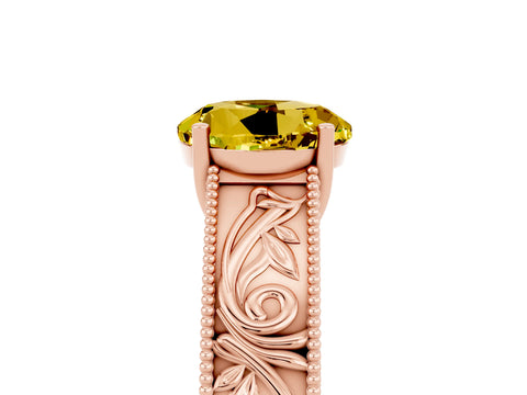 Rose gold Round Cut Yellow Sapphire Solitaire Ring with Engraved Band and Four-Prong Setting_5