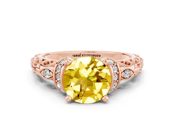 Rose gold Round Cut Yellow Sapphire Solitaire Ring with Filigree Band and Four-Prong Setting